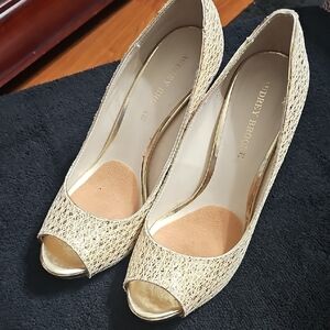 Audrey Brooke Shimmering Gold Peep-Toe Heels